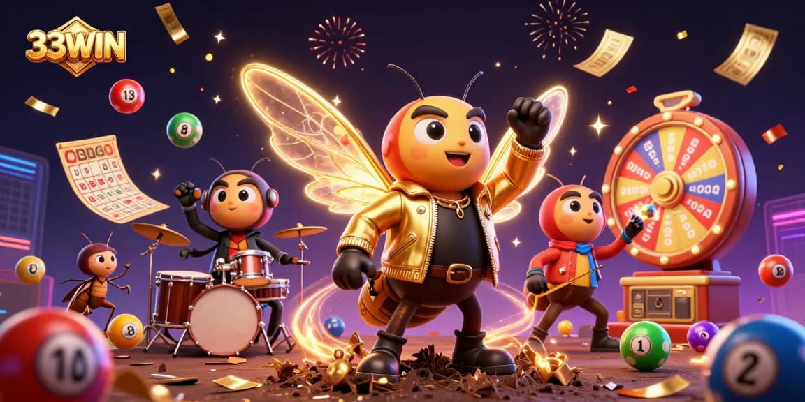 33WIN presents an exciting rock star event with dynamic lottery elements and vibrant visuals.