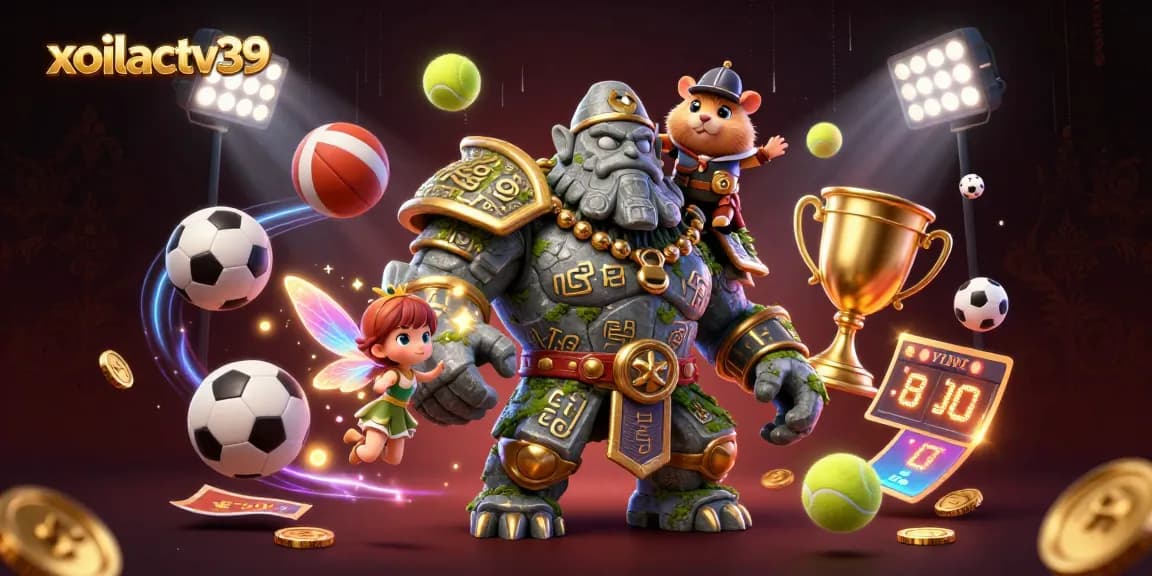 Xoilactv39 features intense sports action with a golem guardian, magical fairy, and hamster knight amidst betting excitement.