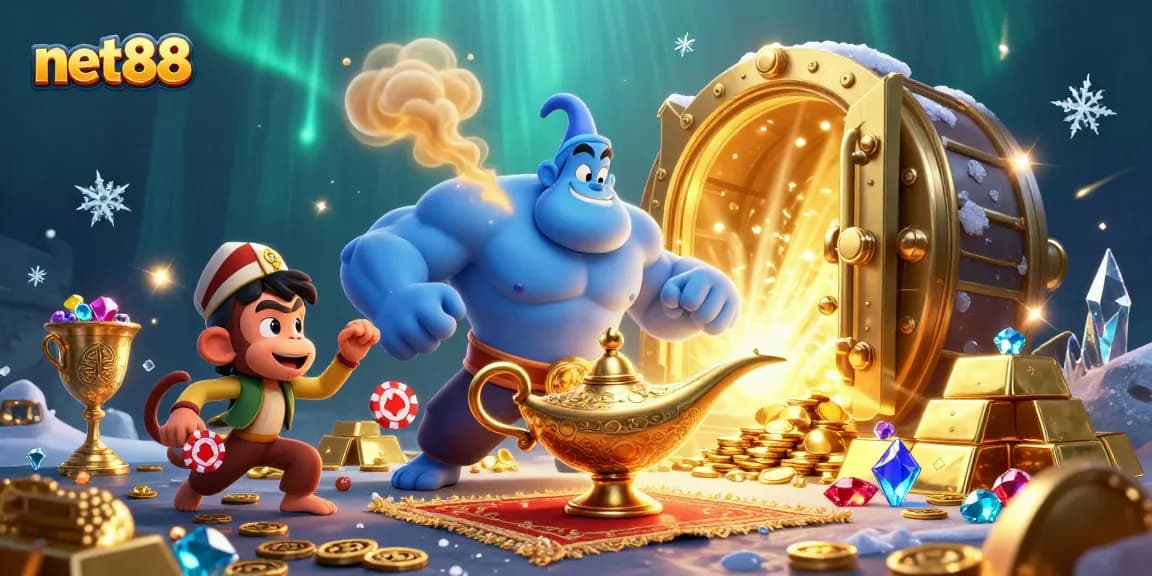 Engage with the magic of net88 in this vibrant casino-themed 3D illustration full of treasures and fun.