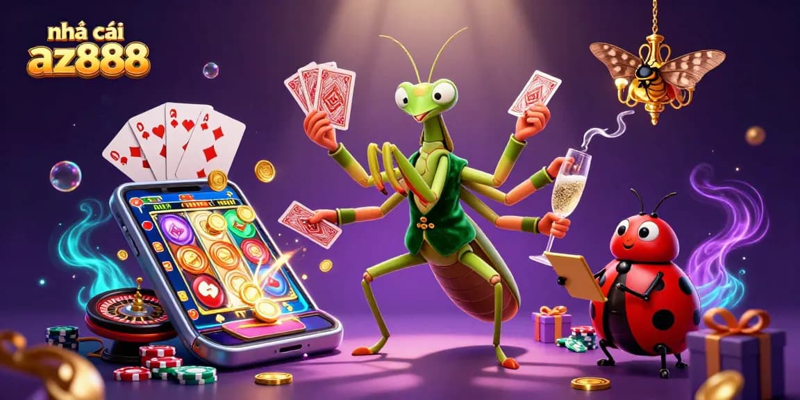 Experience thrilling gameplay at nhà cái az888 with a vibrant casino scene featuring a giant praying mantis, ladybug pit boss, and rich game elements.