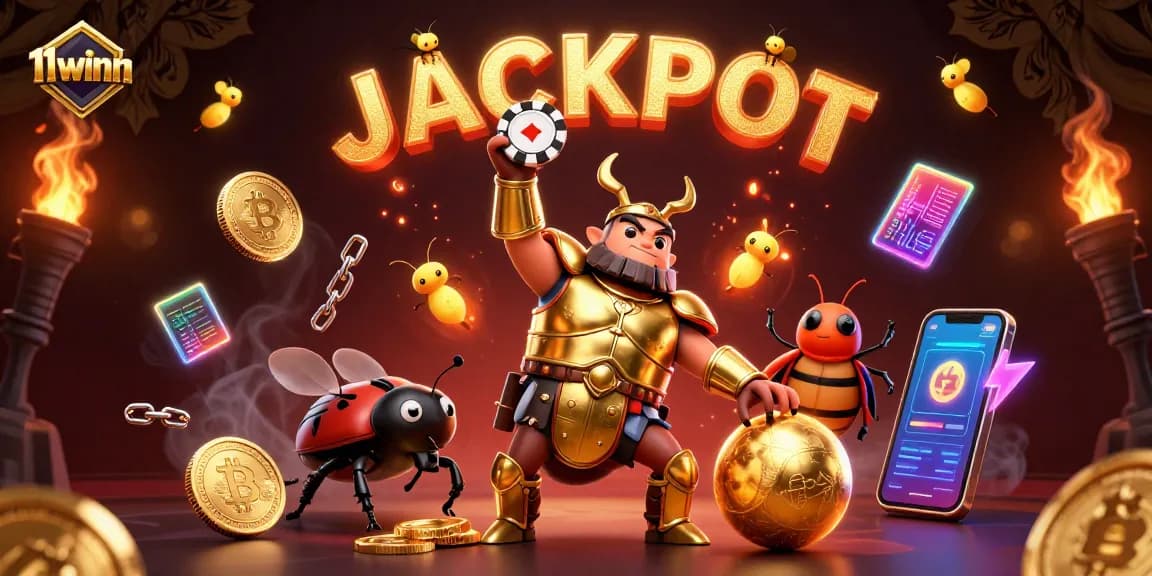 Win big at 11winn with a victorious beetle lifting a poker chip and jackpot celebrations
