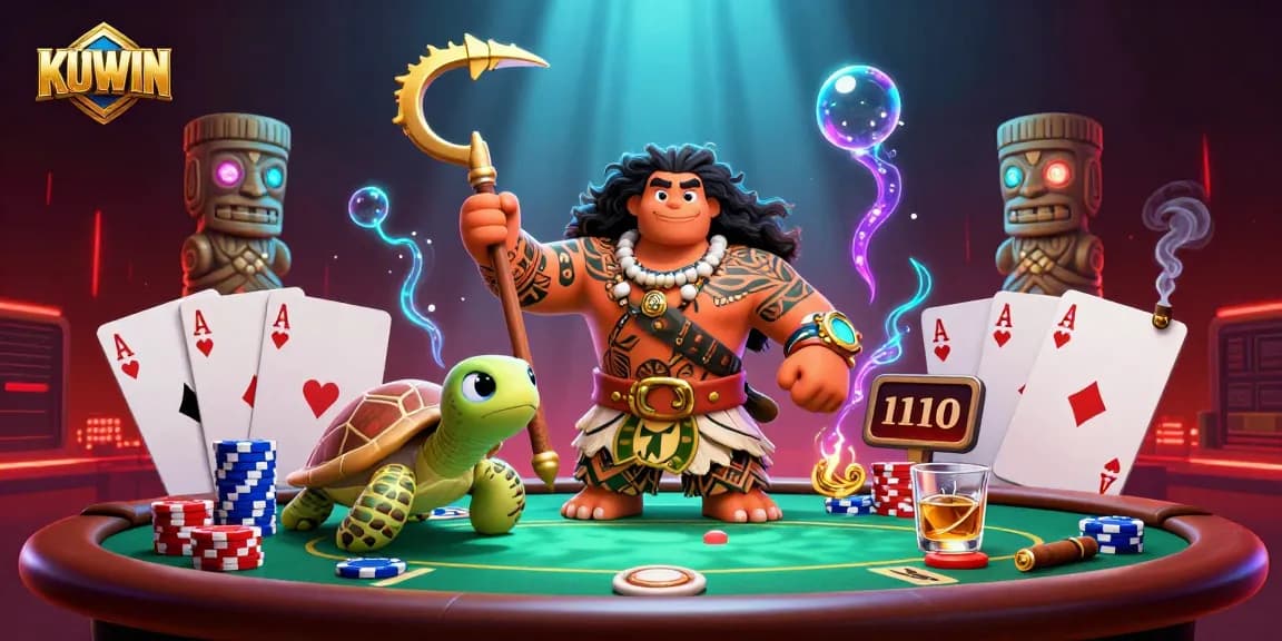 KUWIN's captivating 3D illustration showcases a demigod hawk at a vibrant poker table, embodying online casino excitement.