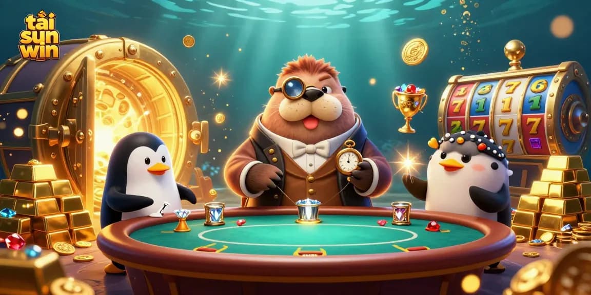 Experience thrilling gameplay with tải sun win as a jolly walrus plays poker underwater.