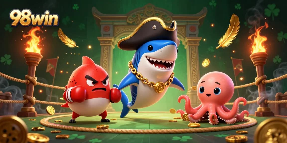Engage in thrilling games with 98win's vibrant 3D cartoon scene featuring a playful shark, pufferfish, and octopus.