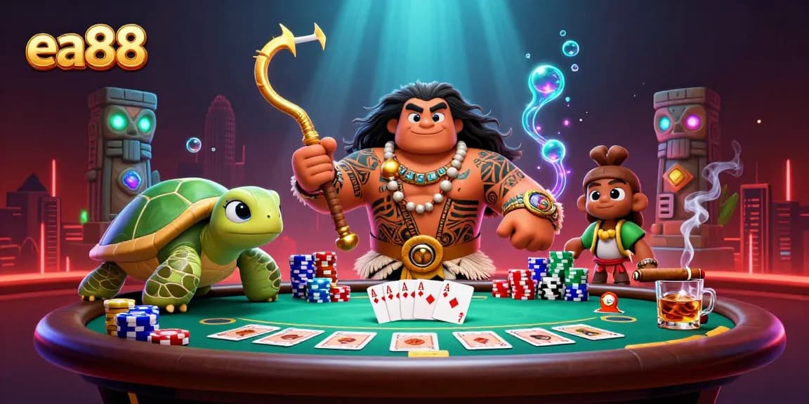 ea88 showcases an exciting poker night with vibrant characters and rich casino elements in a vivid 3D scene