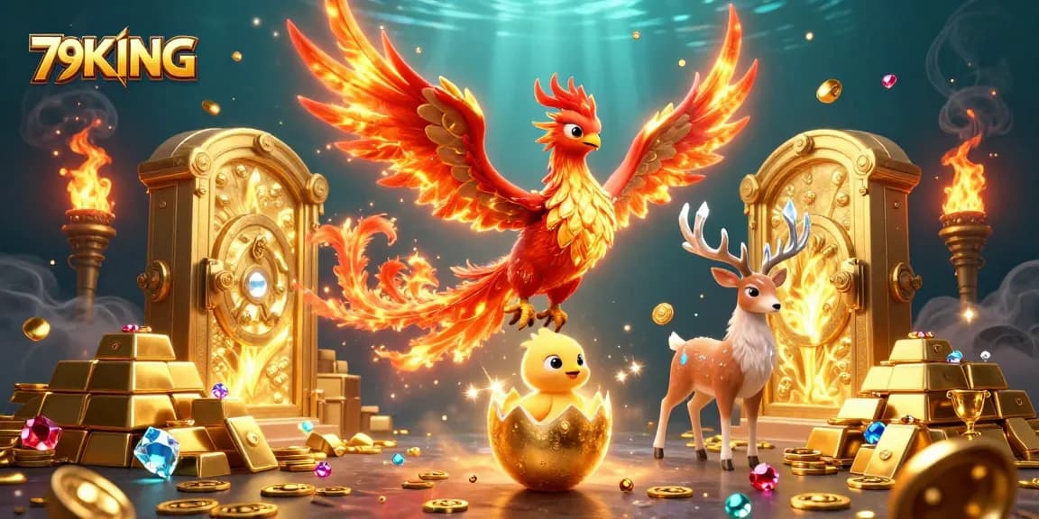 Engage with 79KING as a phoenix rises amidst gold treasures in this vivid casino illustration.