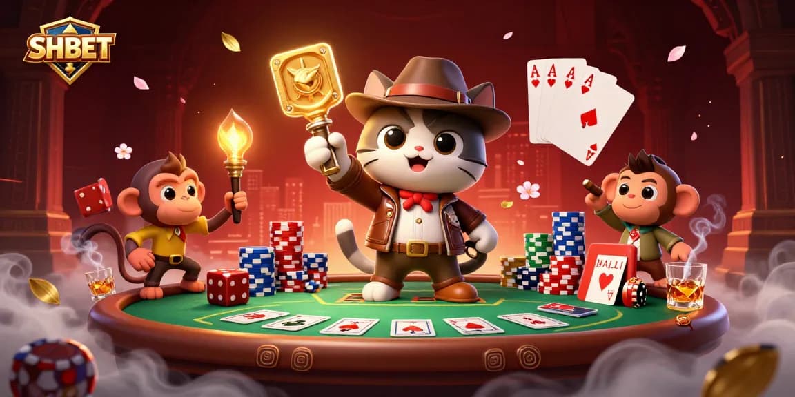 Experience SHBET with an adventurous archaeologist cat discovering casino treasures.