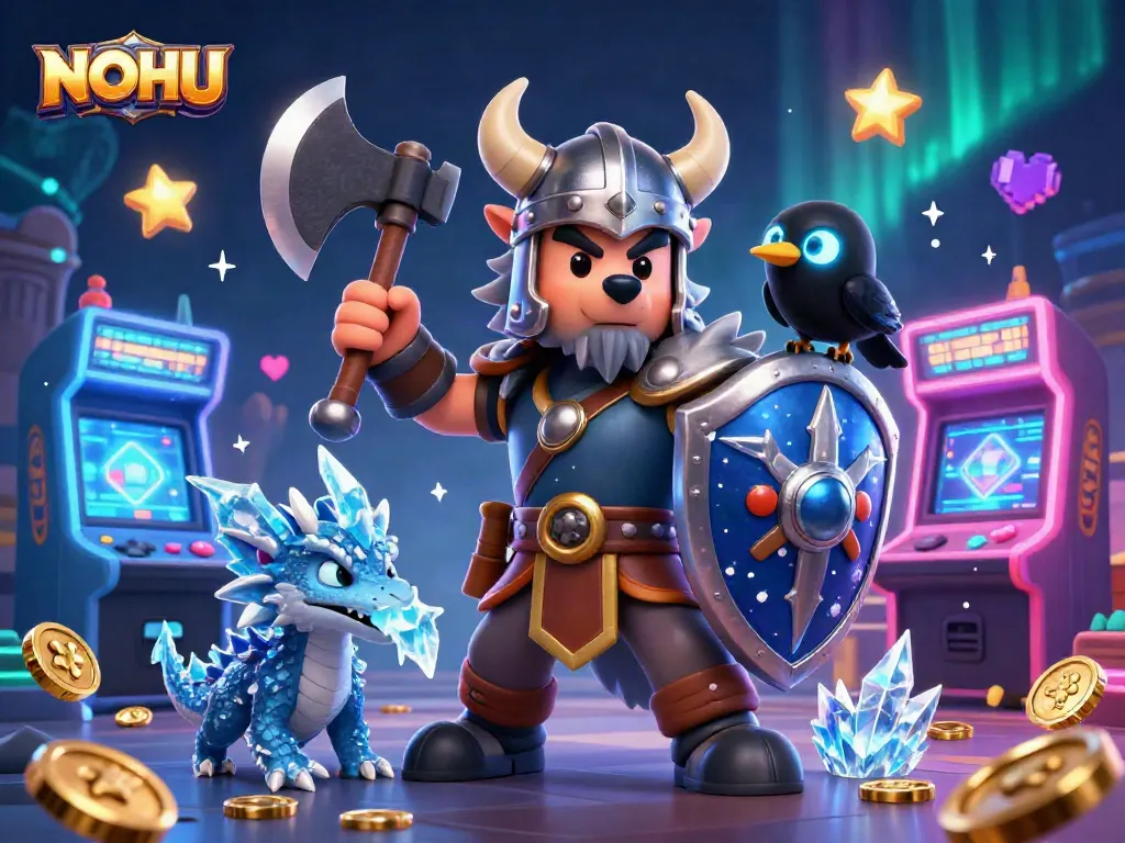 Experience NOHU, where Viking warriors and dragons meet vibrant casino gaming action in a stunning illustration.