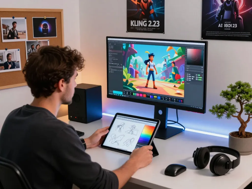 Digital artist creating videos with Kling 2.23 in a modern workspace.