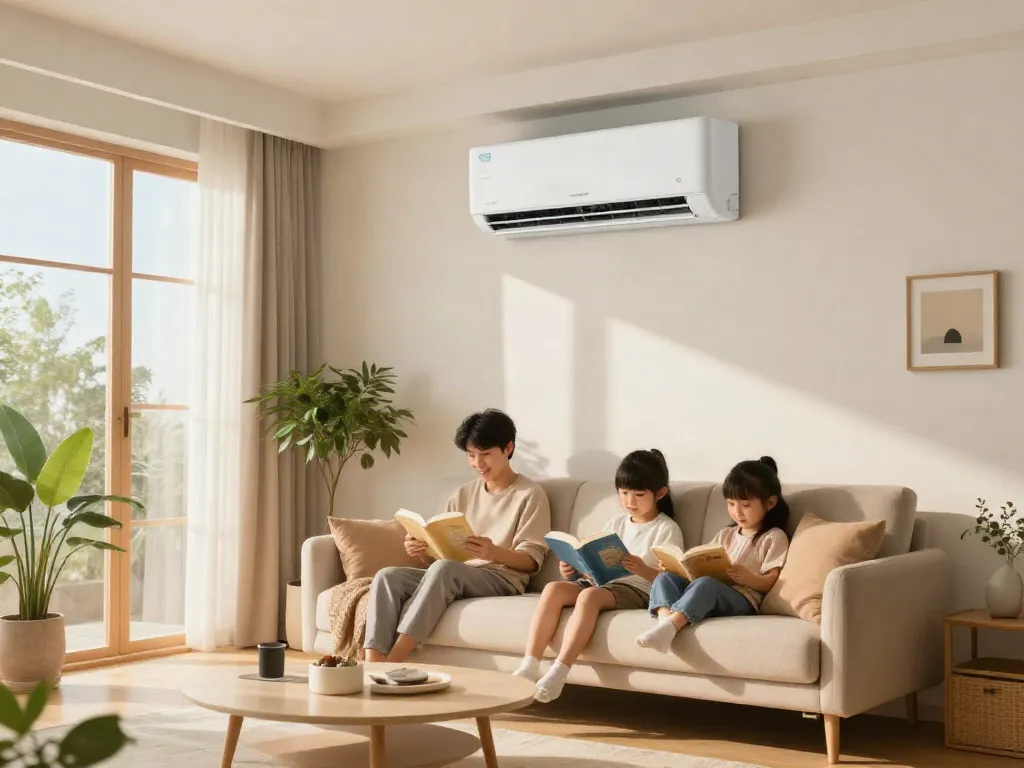 Ductless air conditioner mini in a modern living room, enhancing comfort and style while family relaxes.
