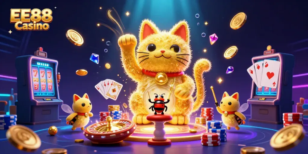 Experience the excitement of EE88 Casino with this vibrant 3D illustration of a lucky cat and casino symbols.