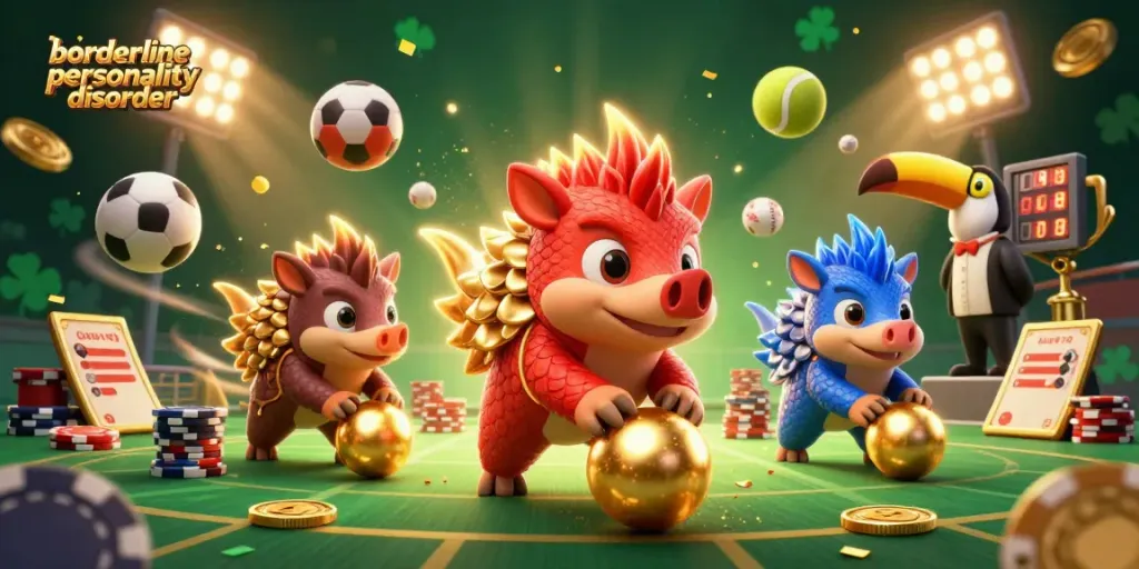 Engaging illustration depicting borderline personality disorder with pangolins bowling poker chips in a vibrant casino-themed scene.