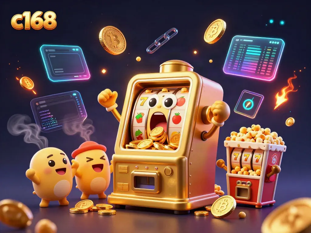 c168 slot machine celebrates a jackpot, surrounded by coins and dynamic gaming elements