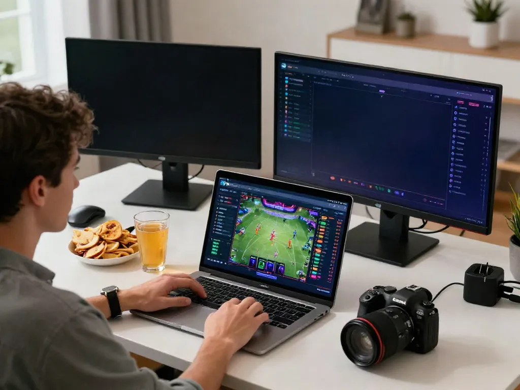Engaged user exploring betting options at https://debet.gb.net/ on a modern gaming laptop.