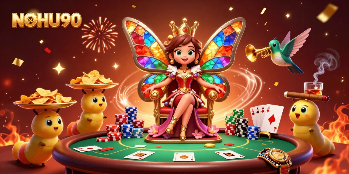Engage with NOHU90’s vibrant casino world, showcasing the animated butterfly queen and exciting gaming elements.