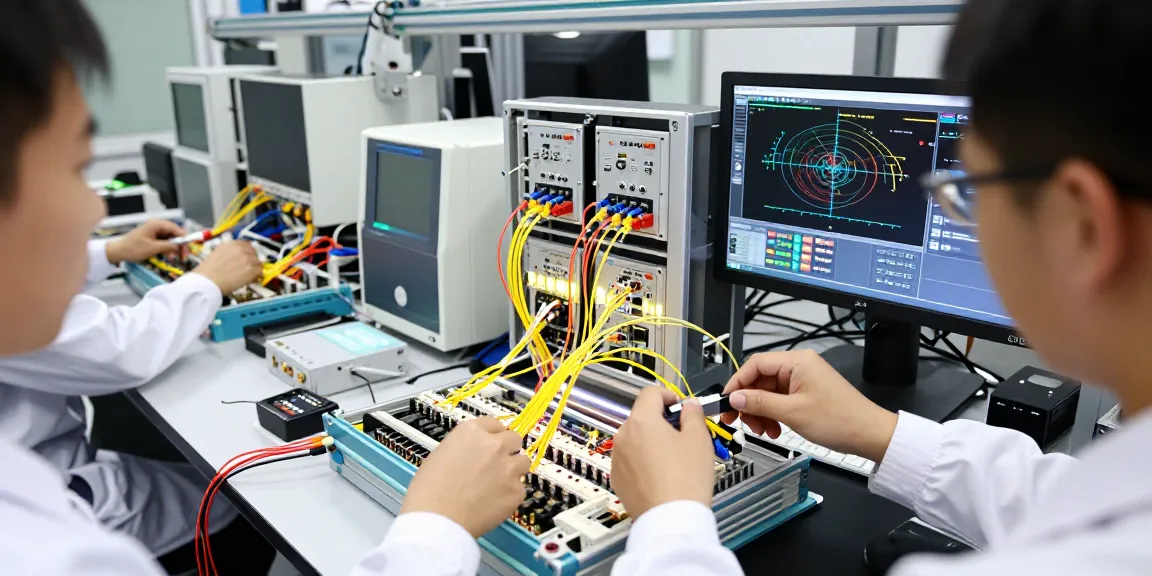 Engineers working on fiber connections in a high-tech lab environment, showcasing advanced optical assembly.