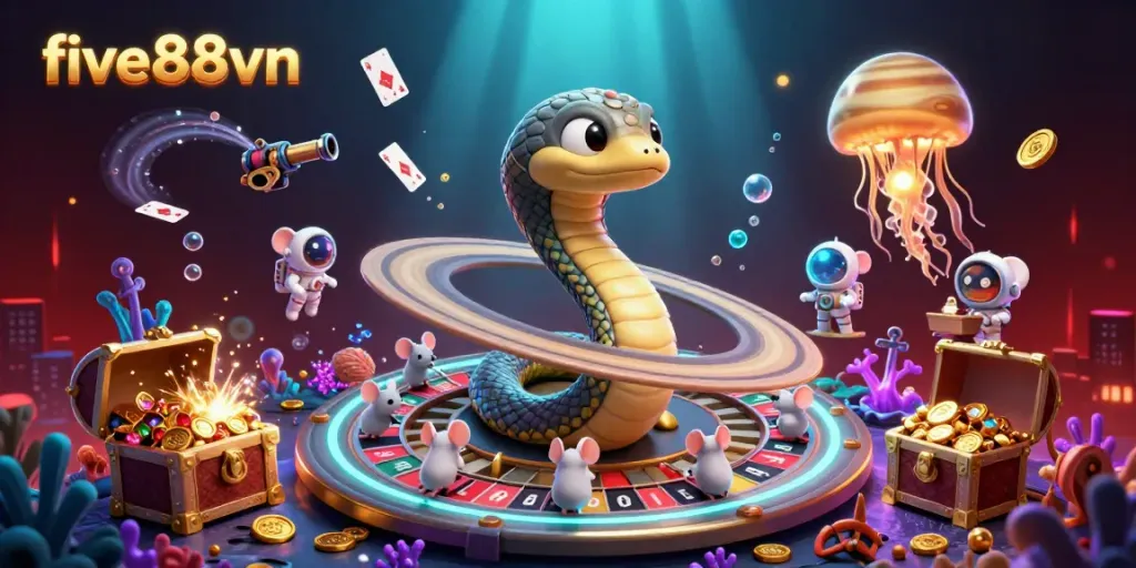 Immerse in the dynamic five88vn casino scene with astronaut mice betting on Saturn's roulette rings.