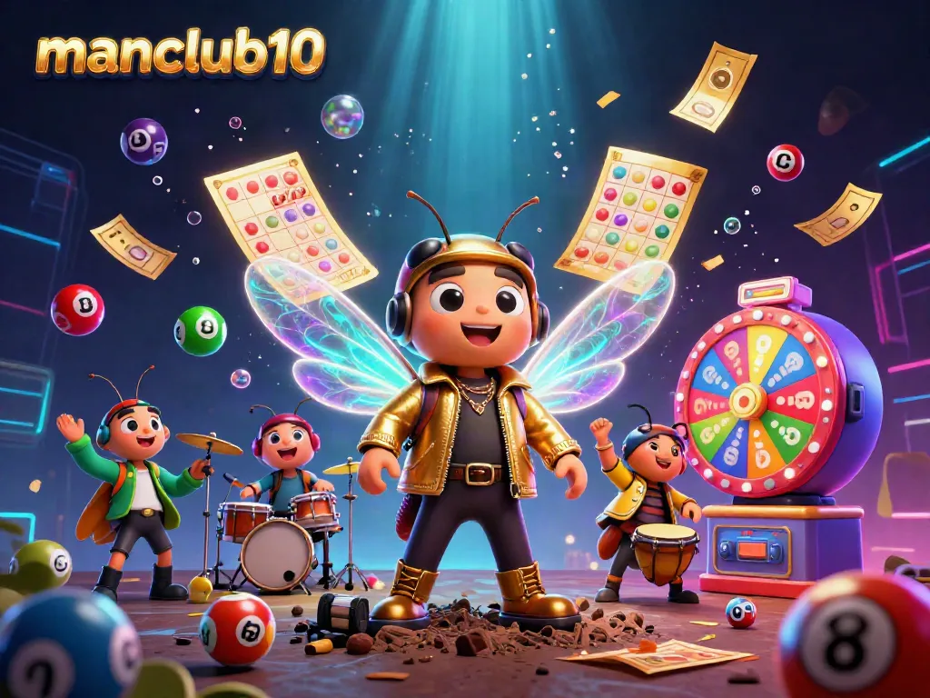 Experience the vibrant energy of manclub10 with lively lottery elements and animated characters in a dynamic casino illustration.