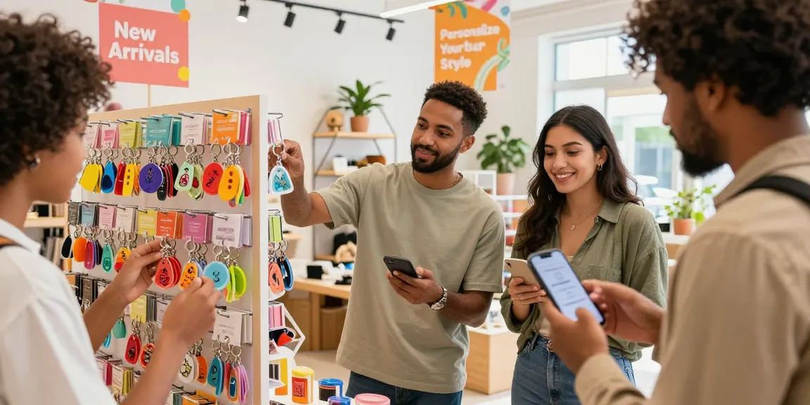 Custom keychains displayed in a vibrant e-commerce store with customers selecting personalized options.