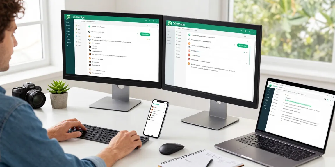 Engaging workspace with WhatsApp電腦版 on dual monitors showcasing seamless messaging and communication.