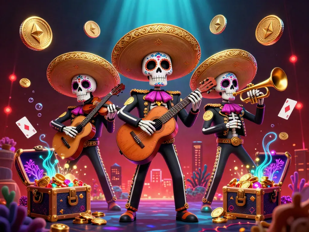 Experience the vibrancy of a crypto casino with a Day of the Dead mariachi band celebrating exciting gameplay.