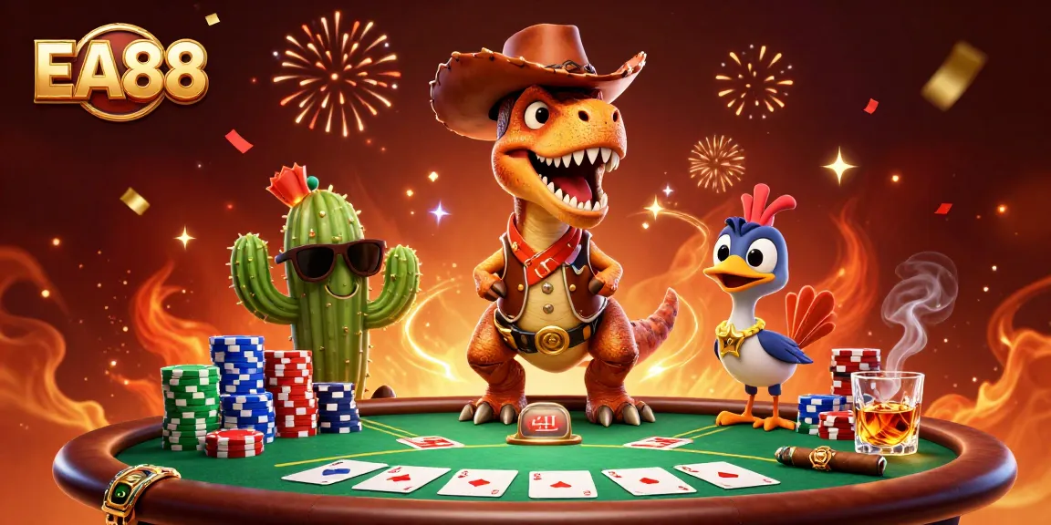 Experience the thrilling EA88 gaming adventure with a vibrant 3D casino scene featuring T-Rex and friends.