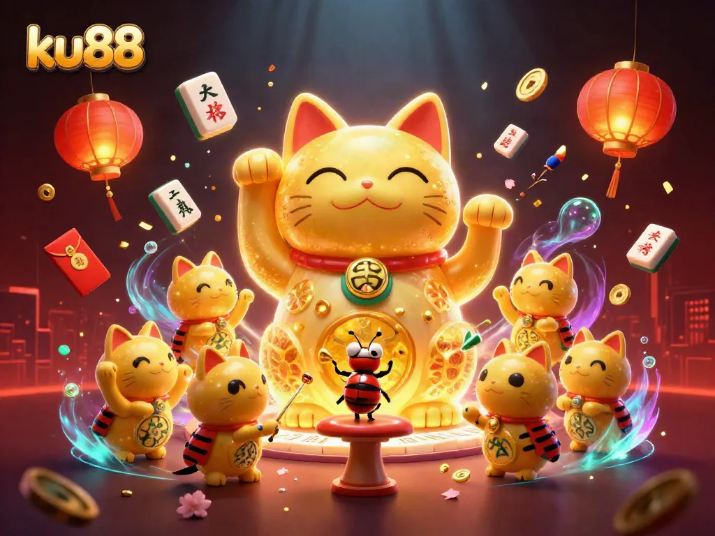 Win big with ku88 at the vibrant online casino featuring dynamic gaming elements and a giant lucky cat.