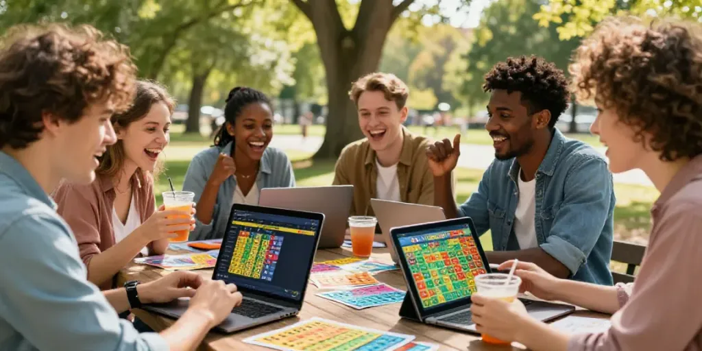 Dewalive platform engagement among friends enjoying Toto 4D betting outdoors.