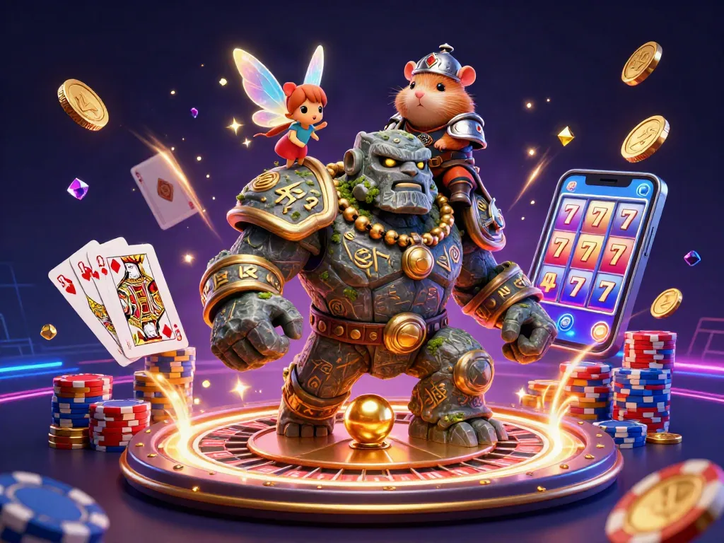 Engage with ALO789's thrilling casino experience, featuring a magical golem guardian amidst cascading coins and glittering gems.