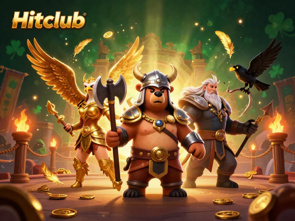 Hitclub showcases a vibrant Viking berserker, Valkyrie eagle, with dynamic gambling elements.