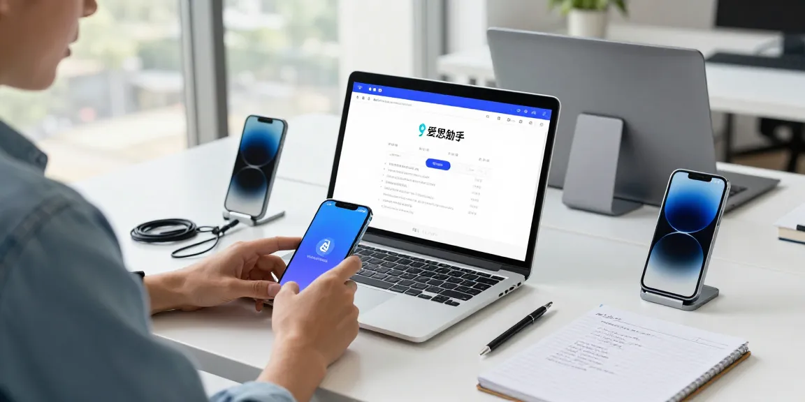 使用爱思助手官网管理iOS设备的现代办公场景，展示了高效的设备维护。