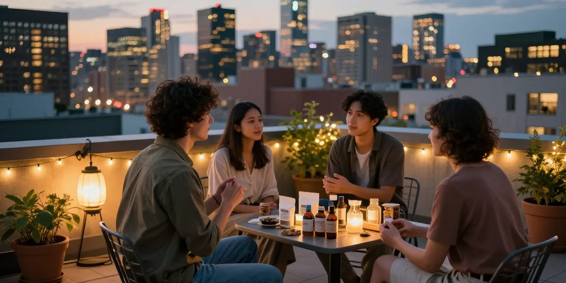 Buy brown heroin online: An urban rooftop gathering with friends discussing herbal products, warm city lights in the background.