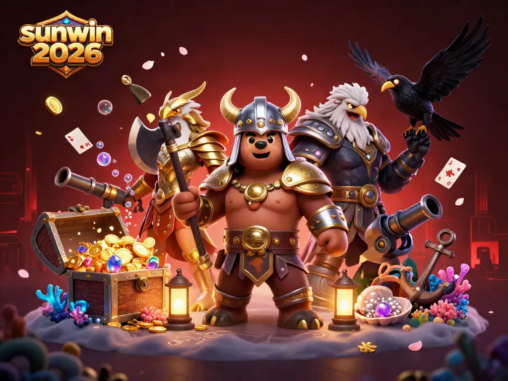 Win big with sunwin 2026 as a Viking bear and Valkyrie eagle celebrate casino success!
