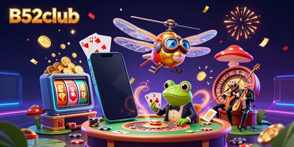 B52club features a lively dragonfly pilot and frog croupier in a dynamic casino scene with vibrant games and celebration.