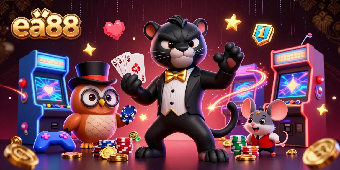 Experience thrilling gaming at ea88 with a stylish black panther dealer, owl, and mouse in a vibrant casino scene.