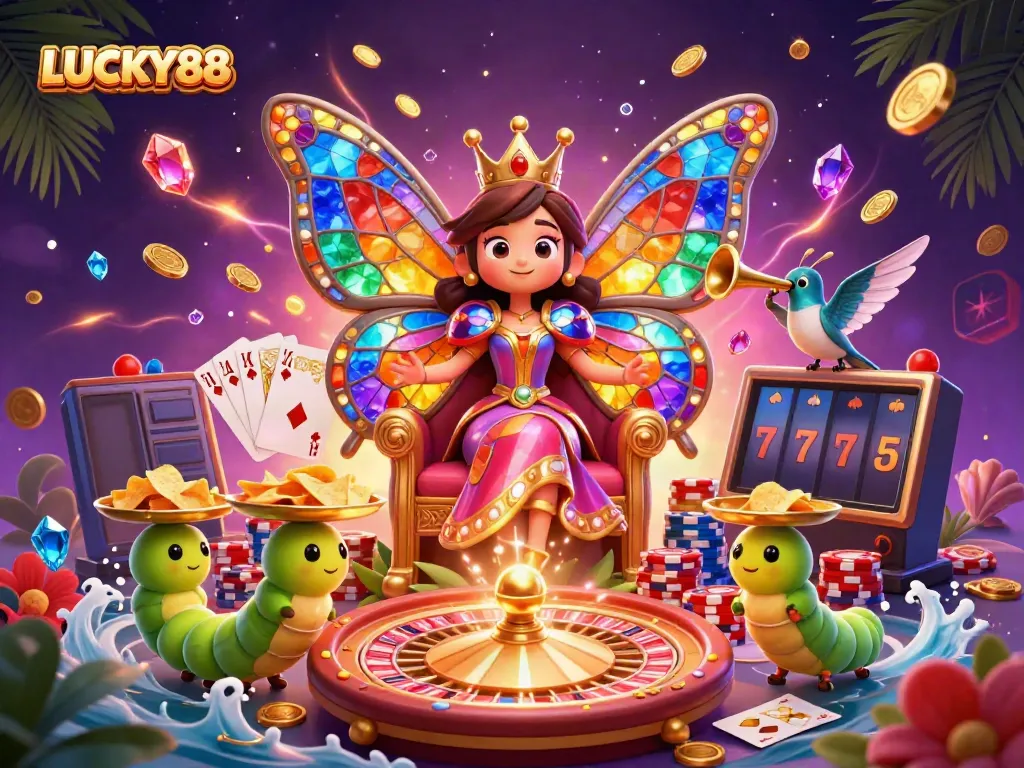 Engage with the vibrant spirit of LUCKY88 in this colorful casino fantasy scene, showcasing a butterfly queen and treasures.