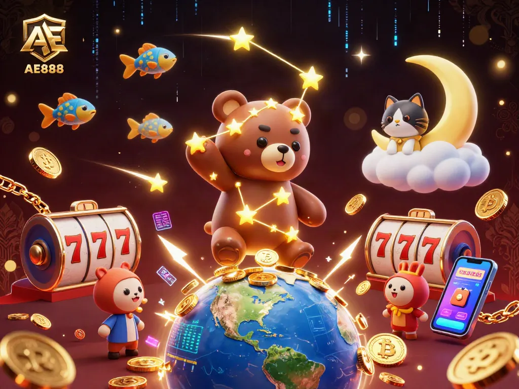 Experience the thrill of AE888 with a cartoon constellation bear gathering coins in a vibrant, dynamic casino scene.