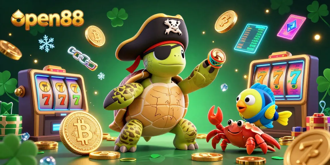 Join the thrilling fun at open88 with a playful scene featuring a pirate turtle above casino treasures.