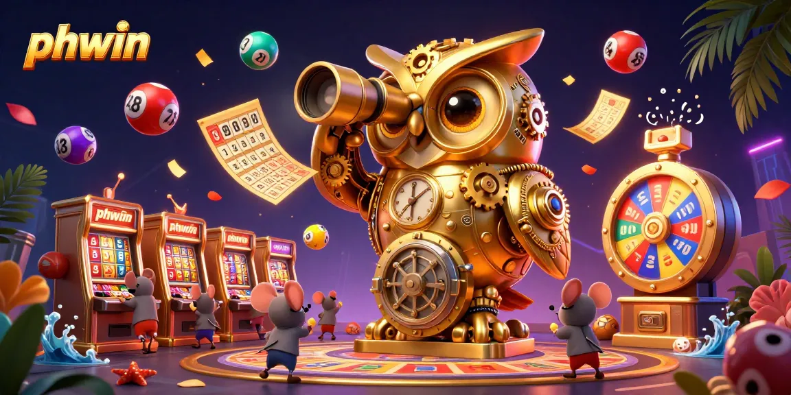 phwin showcases a captivating 3D casino scene with vibrant lottery balls and a golden owl, enhancing player excitement.