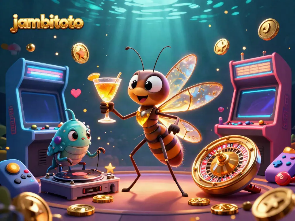 Engage with jambitoto's thrilling casino scene featuring a vibrant illustration of a frozen-in-amber mosquito mascot.