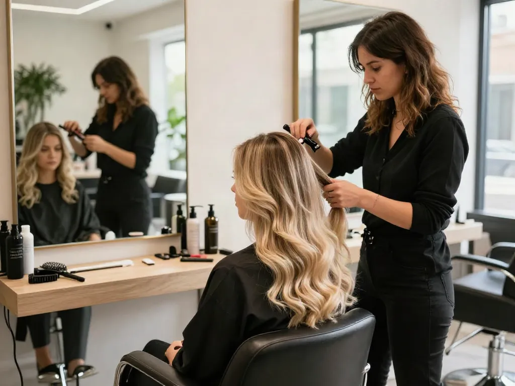 Applying human hair clip ins in a stylish salon setting with bright natural light.