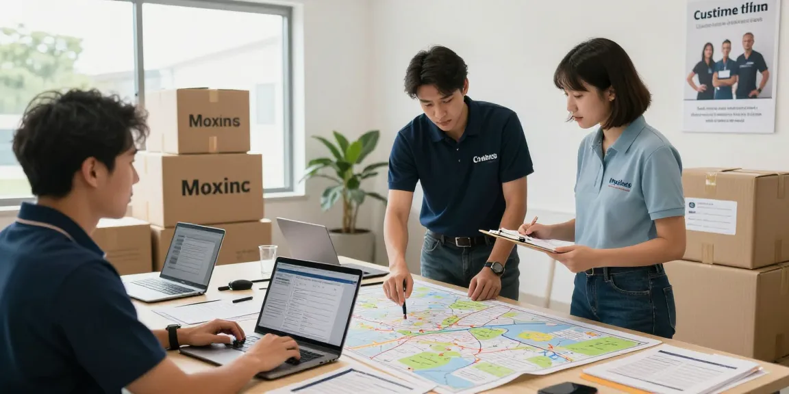 Team planning logistics in a moving company office, showcasing organization and customer focus.