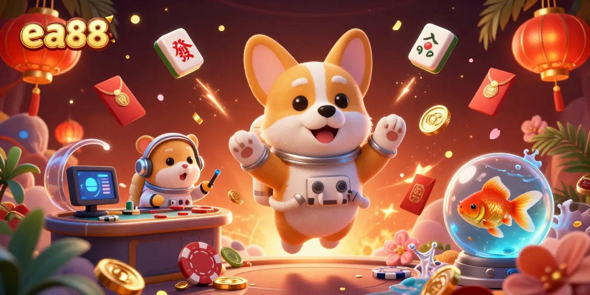 Experience exciting gaming action at ea88 with a floating scene of animated characters and vibrant casino elements.