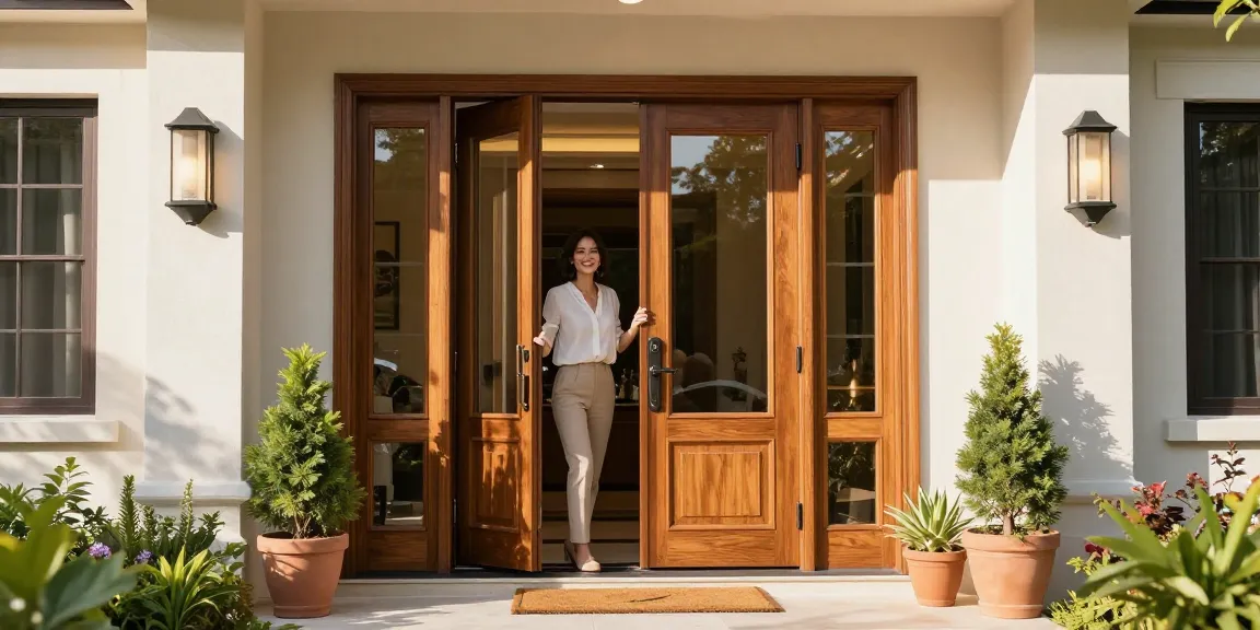 Stunning single leaf double swing door entrance showcasing modern wood and glass design in vibrant home setting.