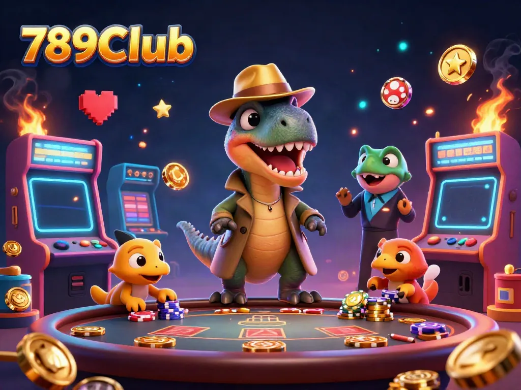 789Club-themed illustration with a velociraptor card counter at a blackjack table, highlighting vibrant casino elements.