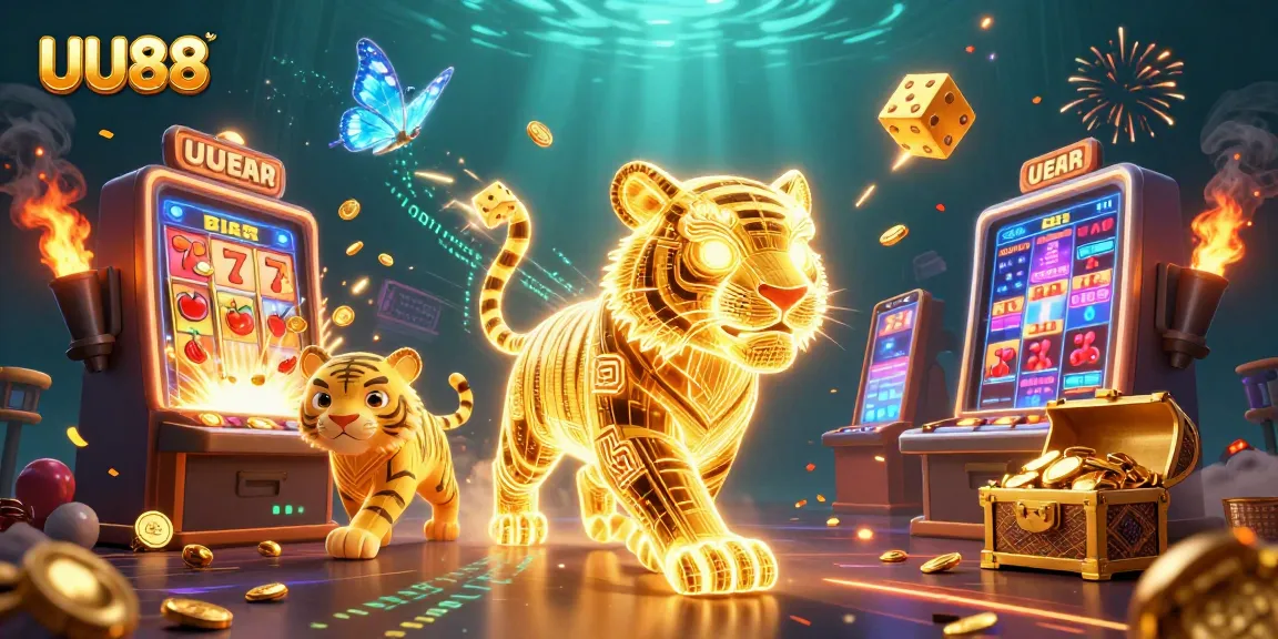 Spin and win at UU88's vibrant digital casino with a golden tiger and jackpot excitement.
