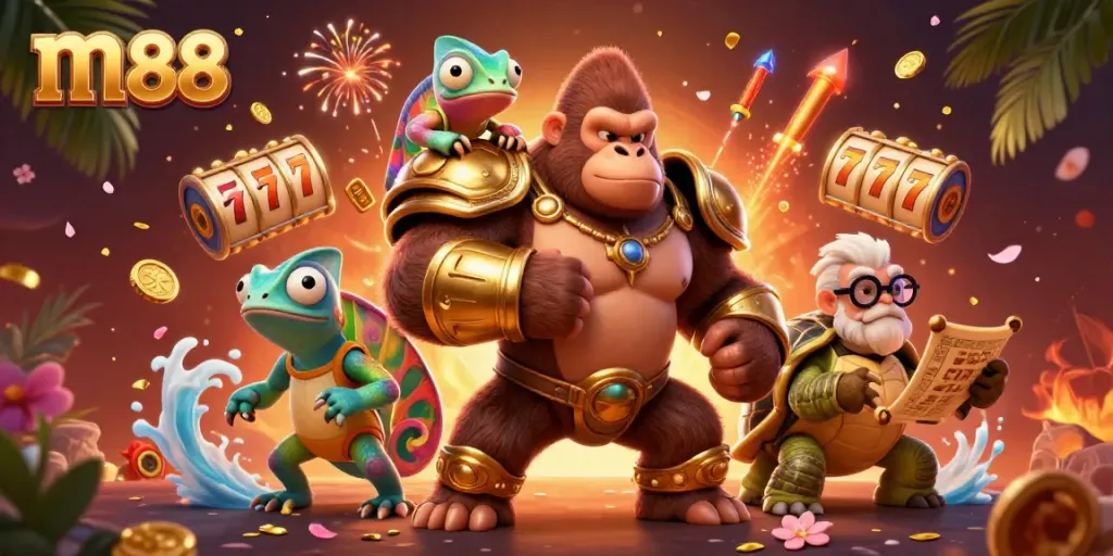 Experience excitement with m88, where a powerful gorilla king leads in a vibrant casino scene.