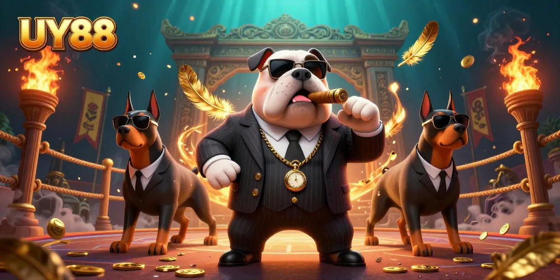 Experience UY88's thrilling casino atmosphere with a dynamic 3D illustration of mafia-themed characters.