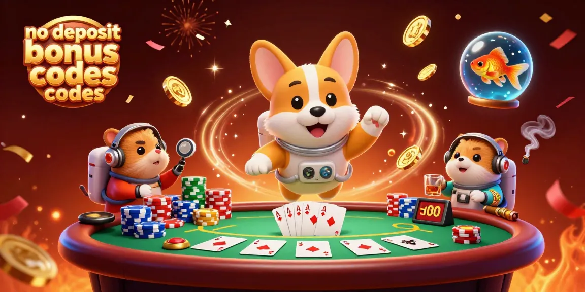 No deposit bonus codes highlighted in a vibrant space-themed casino illustration featuring a corgi in zero gravity.