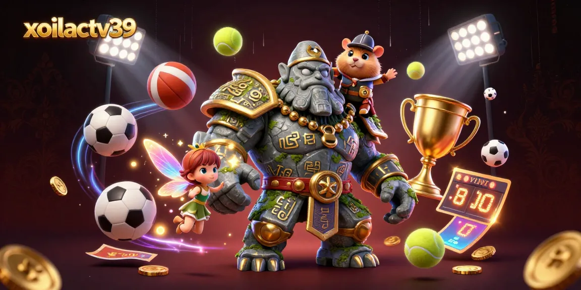 Xoilactv39 features intense sports action with a golem guardian, magical fairy, and hamster knight amidst betting excitement.